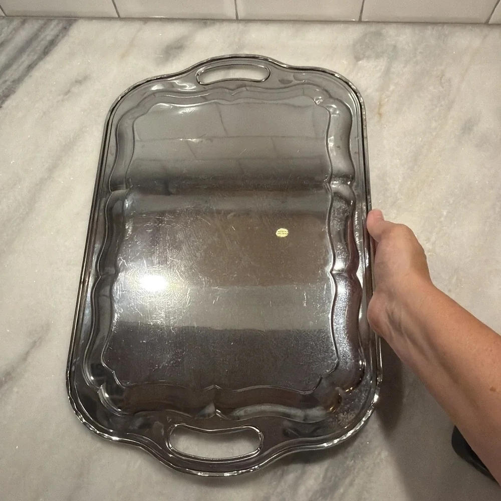 Rectangular Handled Tray Vintage Irvinware Metal Chrome Plated 18x12in OLA001